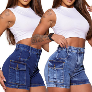 Bermuda Jeans Feminina Cargo Meia Coxa com Bolsos Laterais e Cintura Alta Com Lycra em Oferta na Shopee