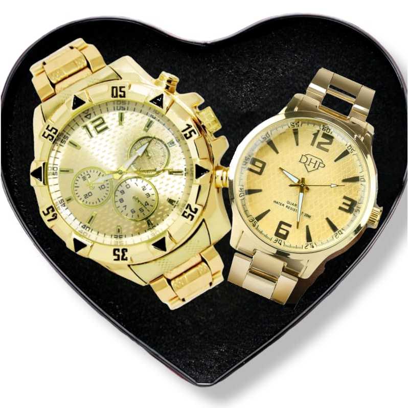 Conjunto 2 Relógios Dourado 1 relogio Feminino + 1 Relogio Masculino kit dia dos namorados presente