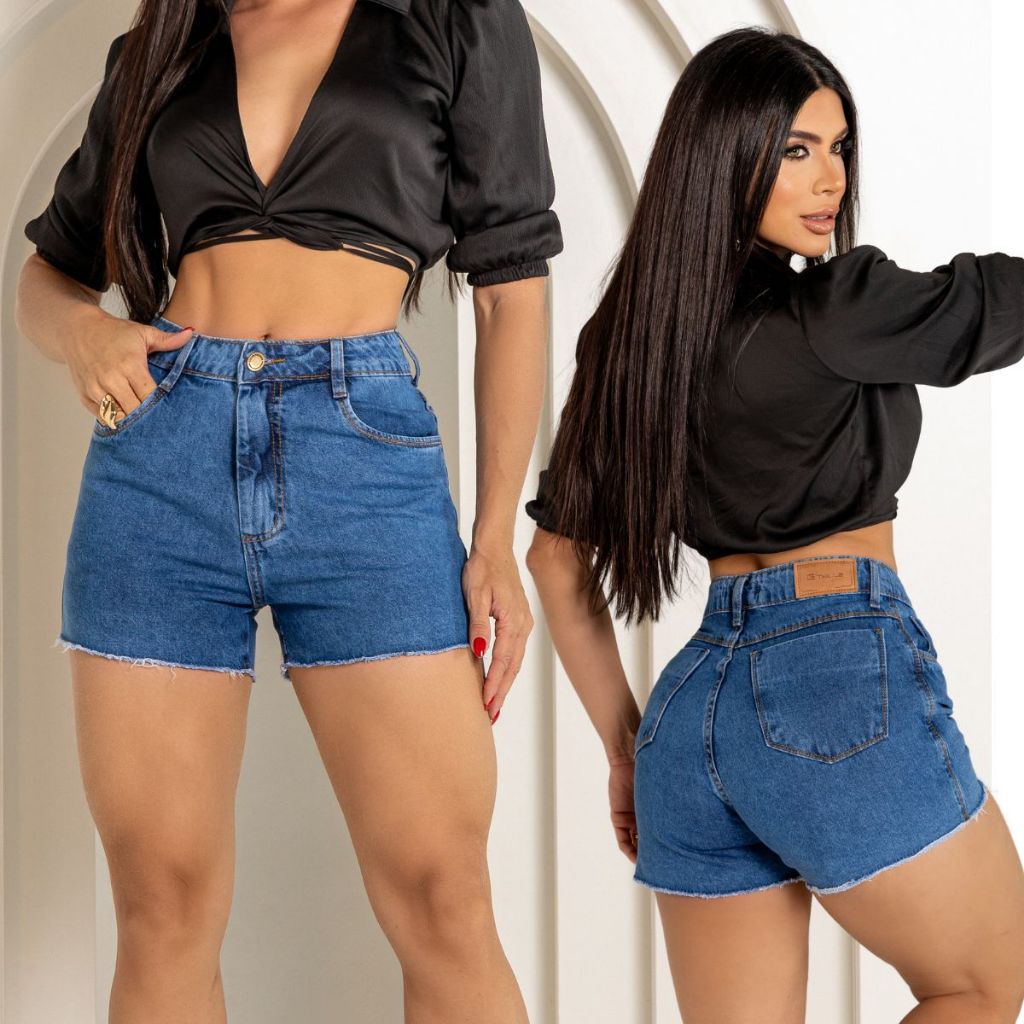 SHORT JEANS FEMININO CINTURA ALTA 100% ALGODÃO MARMORIZADO SEM LYCRA em Oferta na Shopee