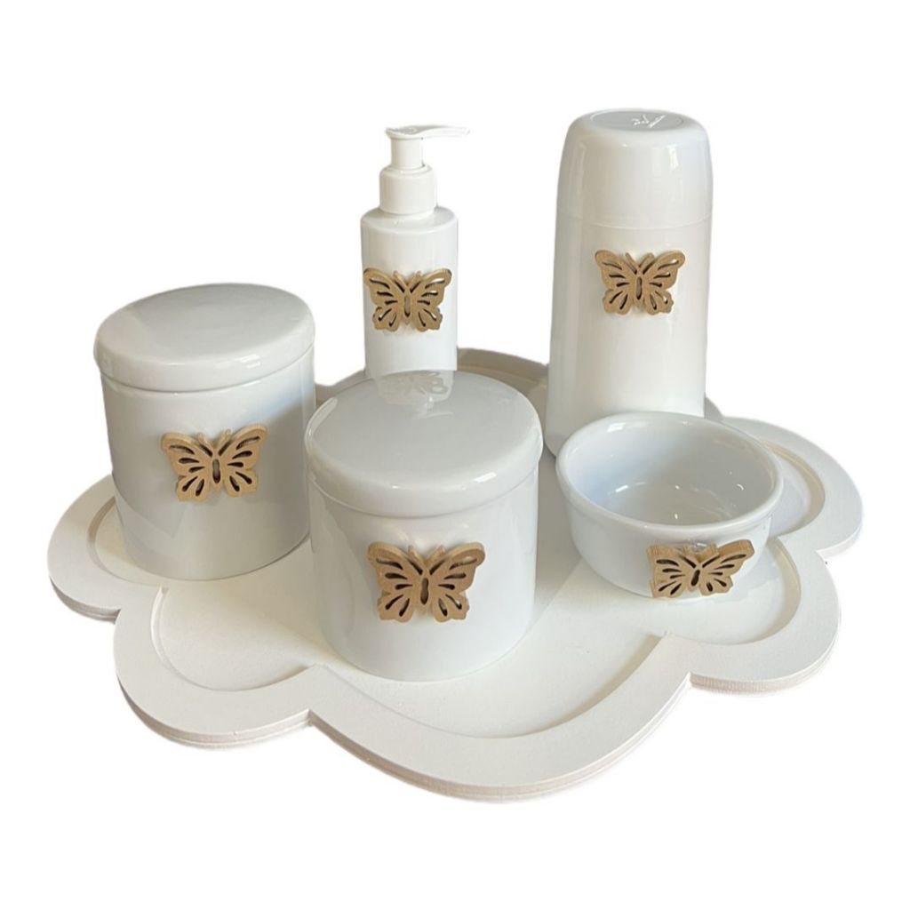 KIT HIGIENE PORCELANA BANDEJA NUVEM TEMAS DOURADO GARRAFA 250ML COMPLETO em Oferta na Shopee