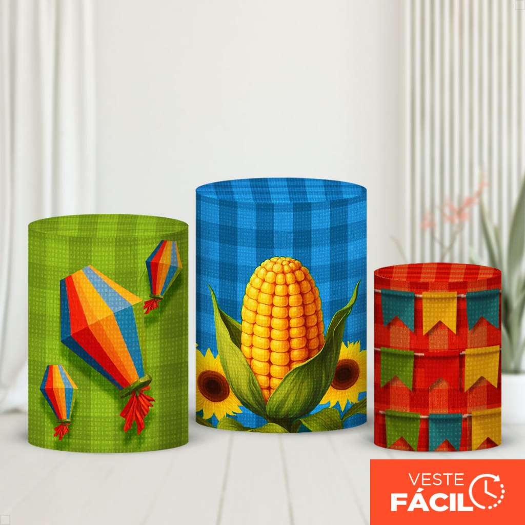Kit Trio Capas De Cilindros Festa Junina Em Tecido Sublimado Veste Fácil Festa Decorativa Arraiá São João – CND-843