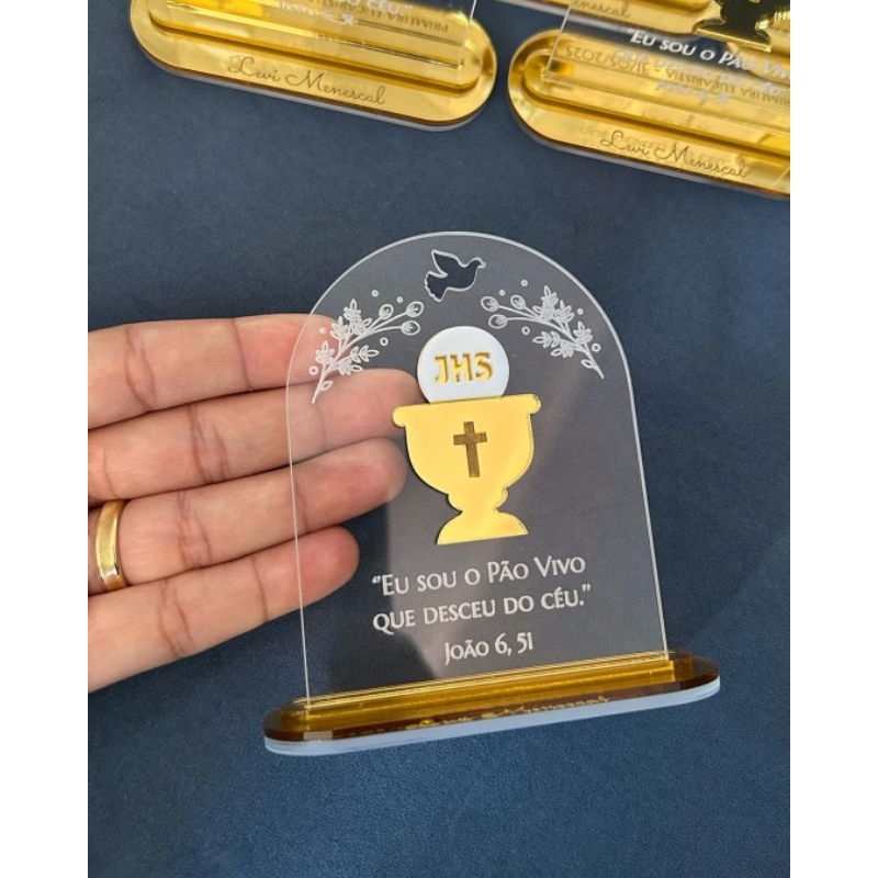 Plaquinha Personalizada Primeira Comunhão Acrílico com Versículo – Lembrancinha Religiosa