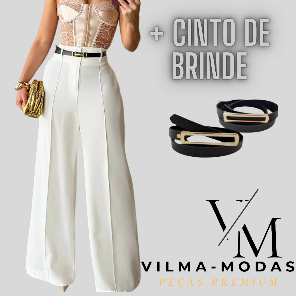 Calça Social Feminina ZR: Pantalona Elegante com Cinto para Conquistar! BRANCA