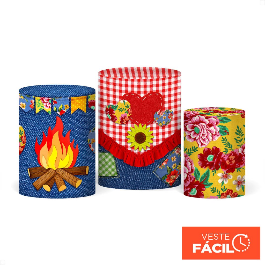 Kit Trio Capas De Cilindros Festa Junina Em Tecido Sublimado Veste Fácil Decorativa Arraiá São João – T-265