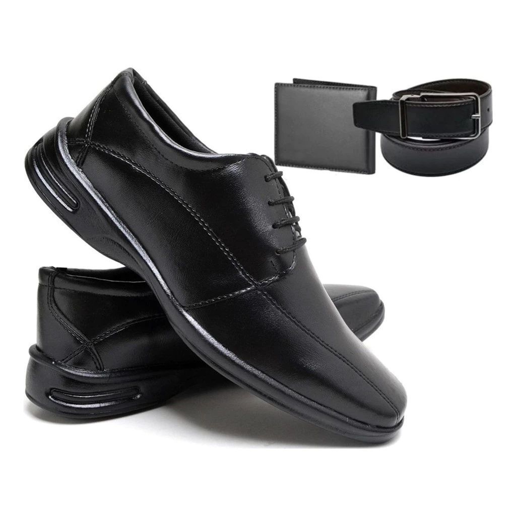 Sapato Social Ortopédico Masculino de Couro Premium Solado Confortável Super Resistente Antiderrapante + Cinto-Carteira