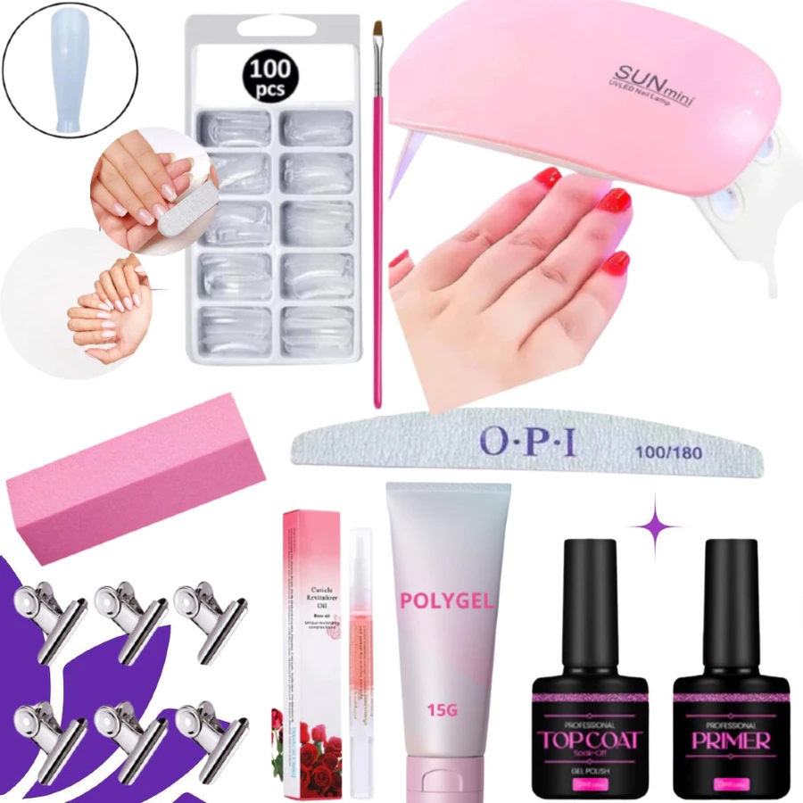 Kit Polygel Alongamento de Unha+Molde F1+Lixa+Top Coat+Primer+Cabine Mini Poligel Alongamento Unhas