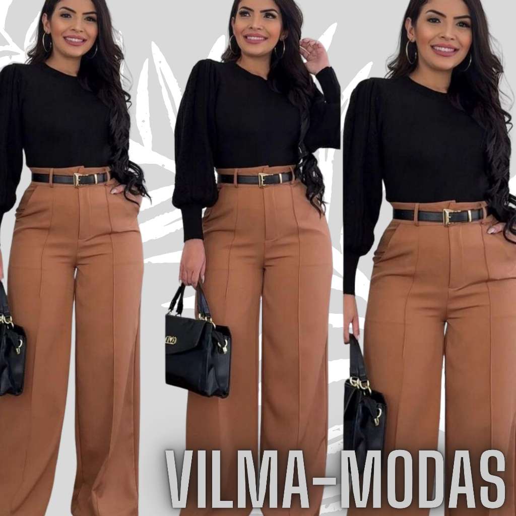 Para Mulheres de Bom Gosto: Calça Pantalona ZR Social com Cinto Premium! MARROM CARAMELO em Oferta na Shopee