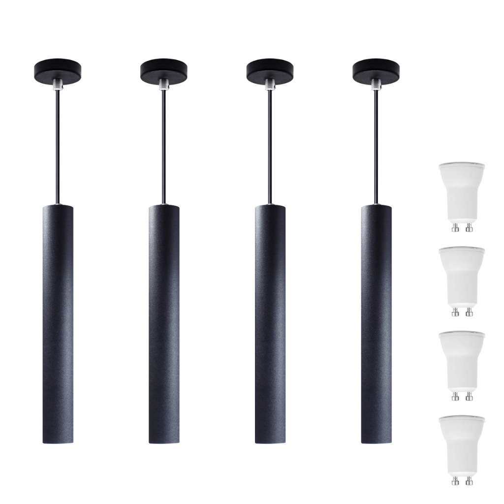 Kit 4 Pendente Luminária Tubo Preto 30 Cm + Led Canopla 6cm