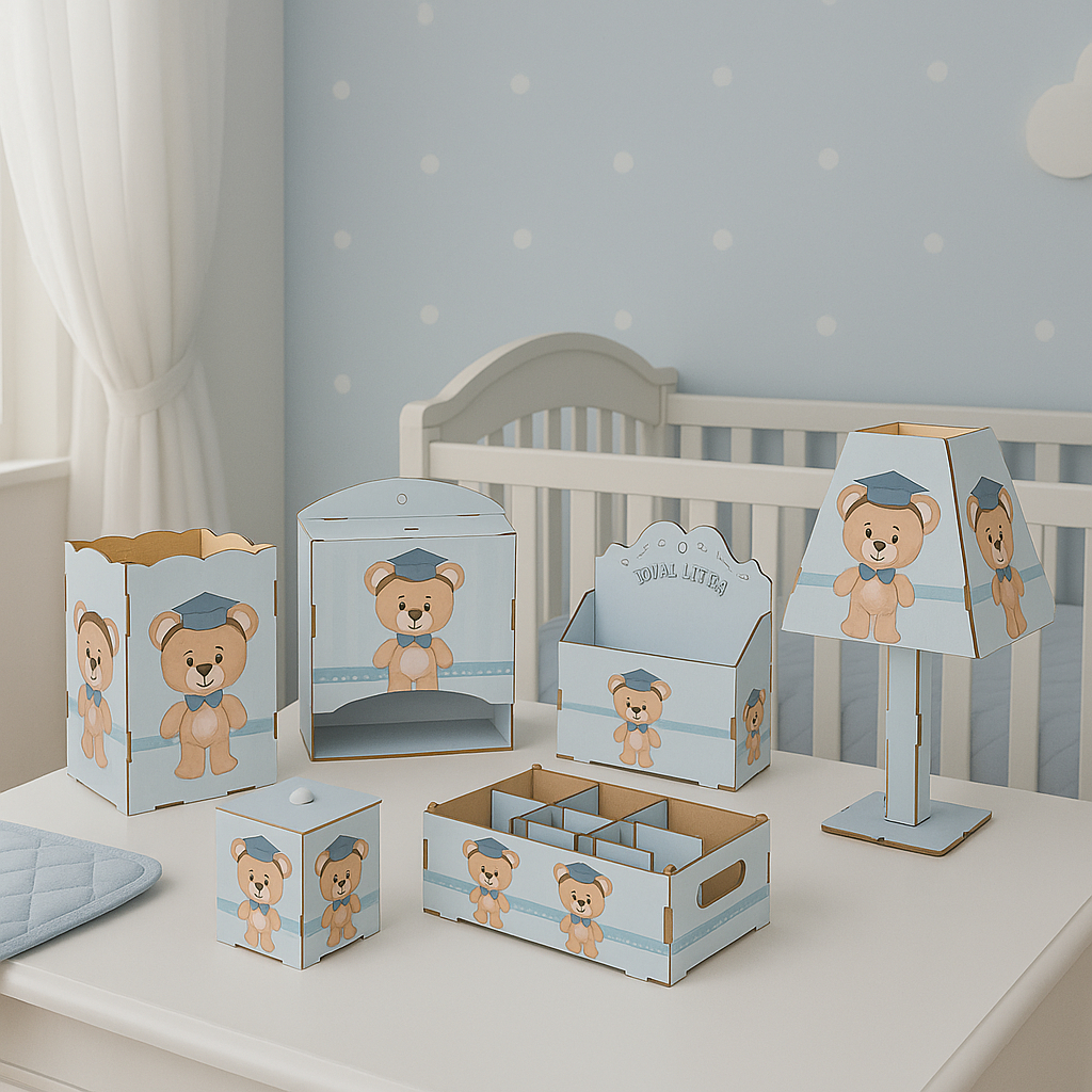 Kit Higiene Bebê Azul 8 Pç Mdf Mult uso adesivado novidade Pronta Entrega promoção