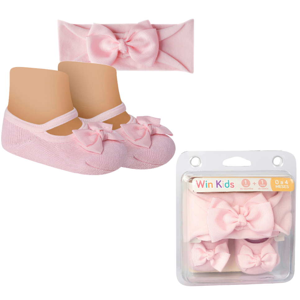 Kit Meia Sapatilha Algodão e Faixa de Cabelo Com Laço Bebê Recém Nascido Presente Menina Infantil Rn