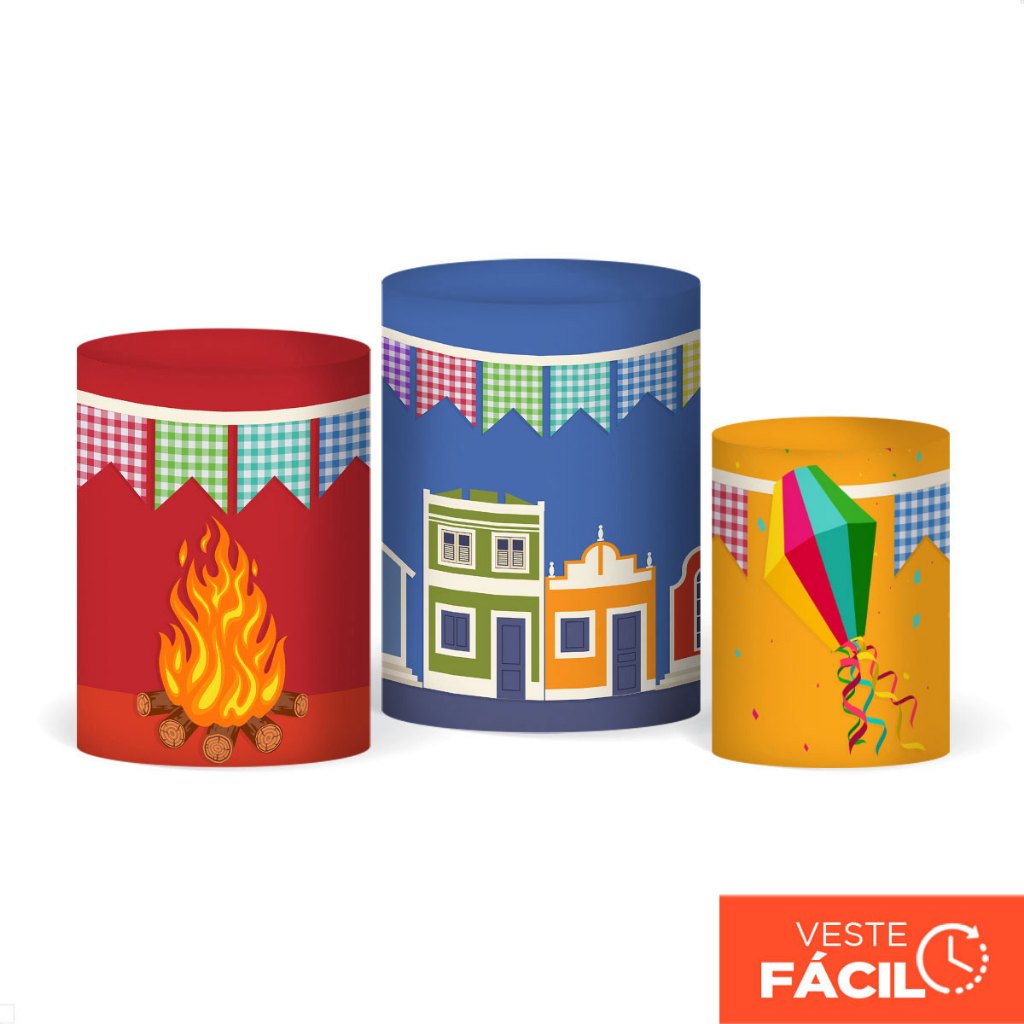 Kit Trio Capas De Cilindros Festa Junina Em Tecido Sublimado Veste Fácil Decorativa Arraiá São João – CND-107