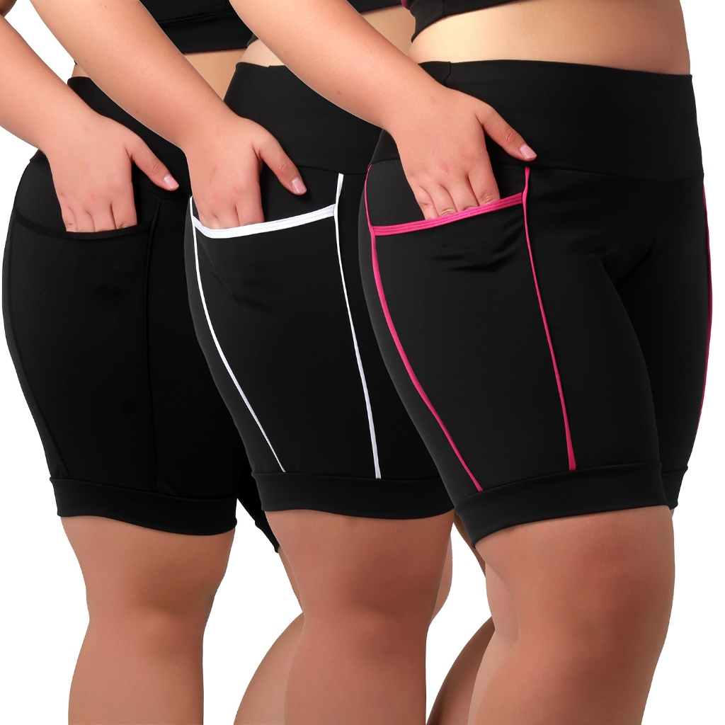 Kit 3 Bermudas Plus Size Feminina de Academia Fitness Cós Alto Com Bolsos Laterais em Oferta na Shopee