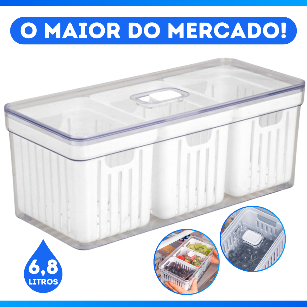 Kit 2 Organizador De Geladeira 6,8 Litros Com 3 Cesto Tampa Multiuso Alimentos Verduras Ve...