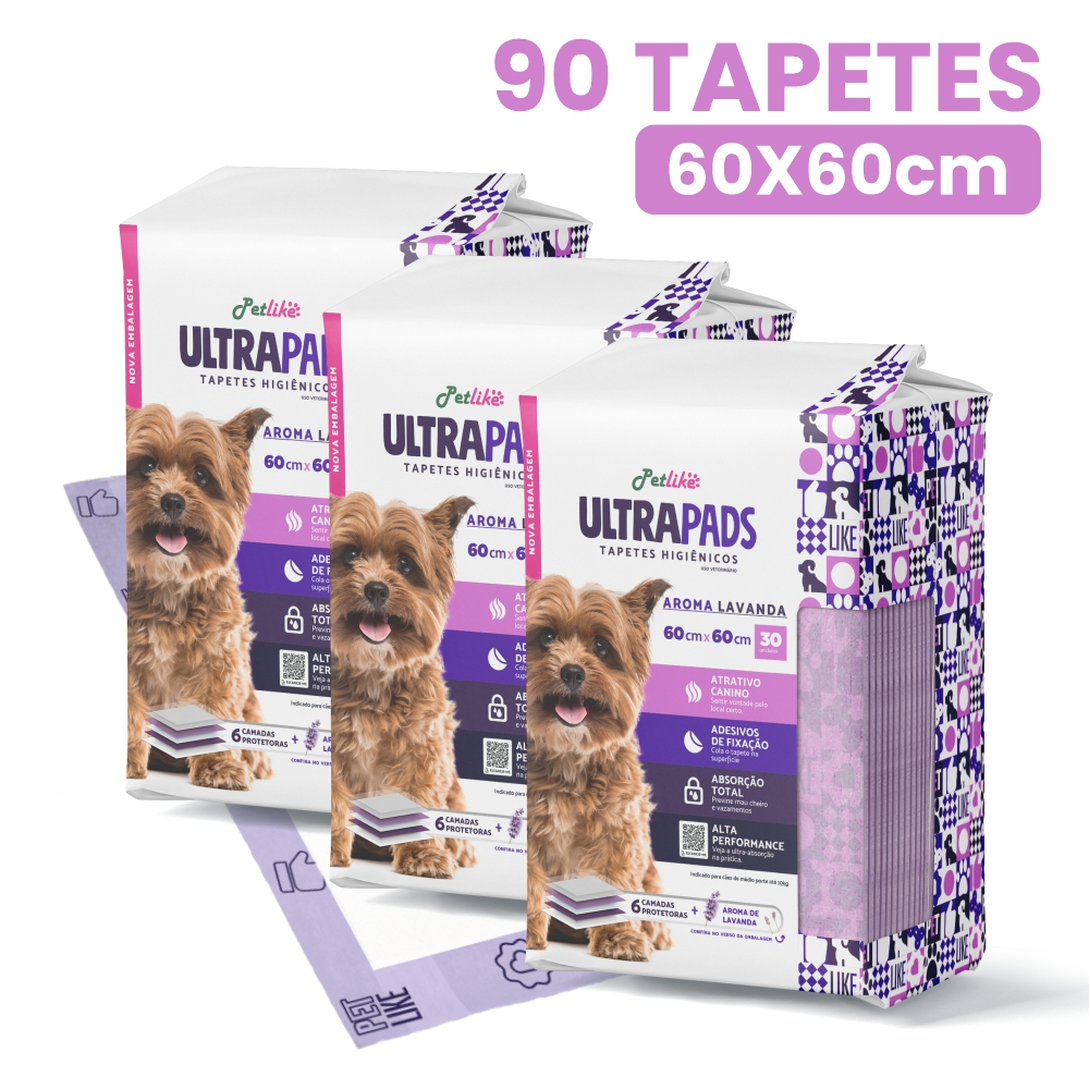 Tapete Higiênico para Cães Ultra Pads 60x60cm 90 Un Lavanda Petlike Original