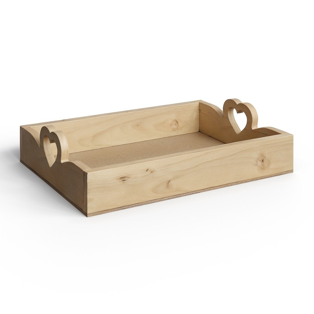 Kit 5 Bandejas com Alça Coração Madeira Pinus Servir Café da Manhã Cesta Dia das Mães