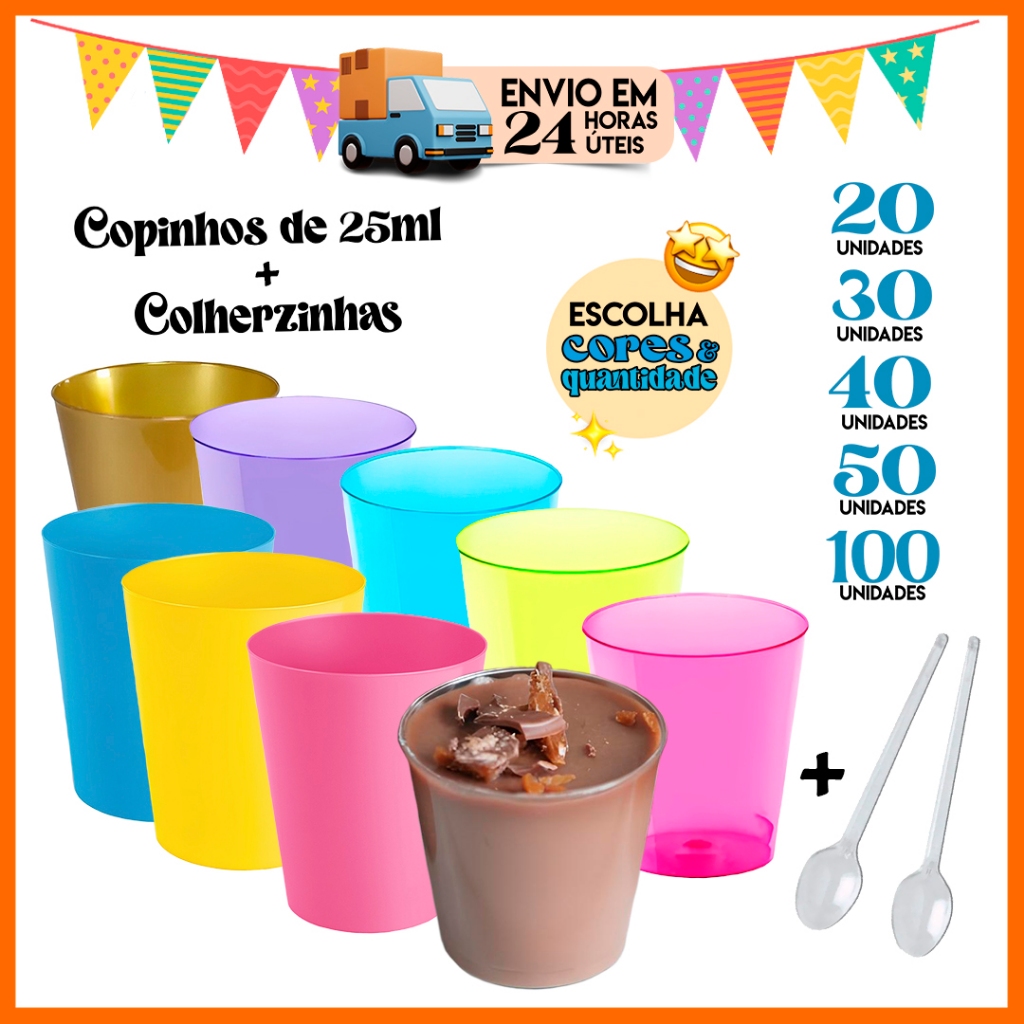 KIT 20|30|40|50|100 Copinhos para Sobremesas de 25ml + Colherzinha Doces e Brigadeiros em Oferta na Shopee