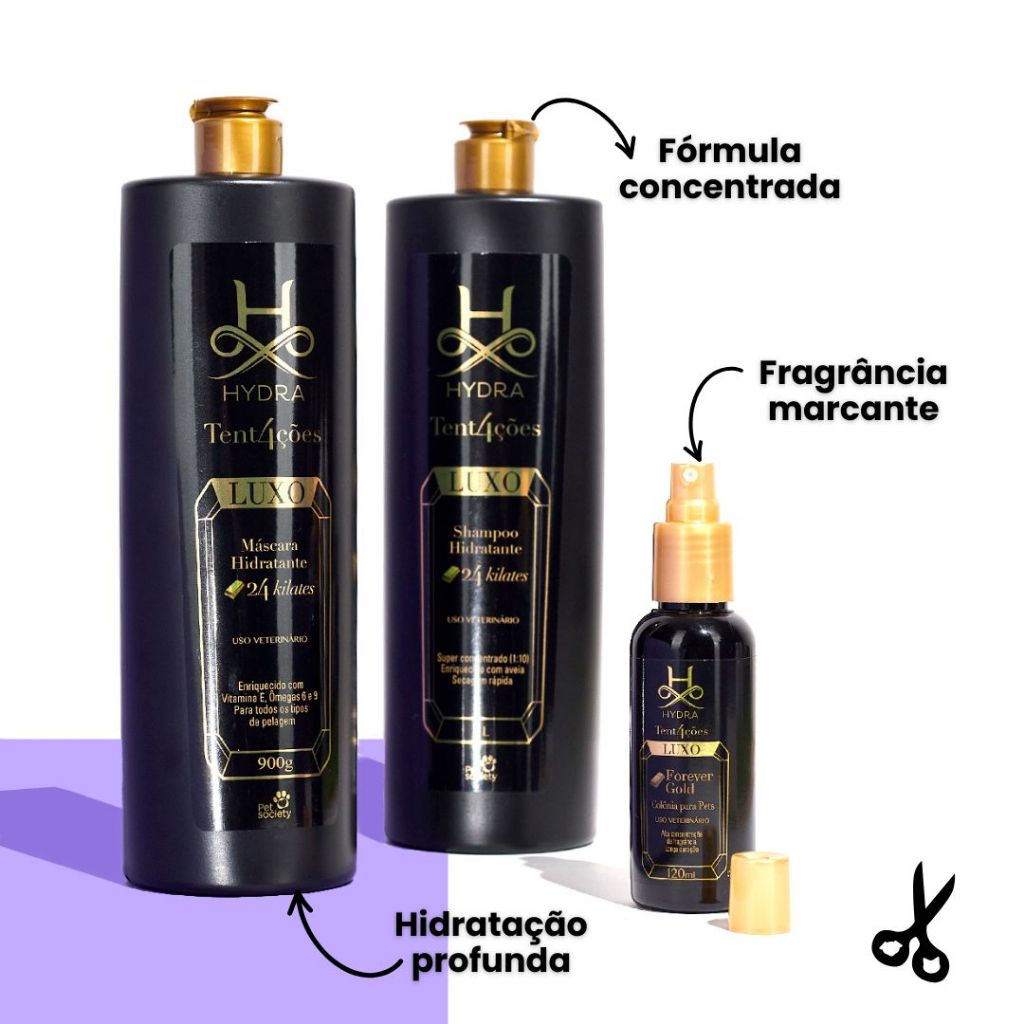 Kit Shampoo, Máscara Hidratação e Colônia Hydra Groomers Luxo Tentações Cachorro Gato
