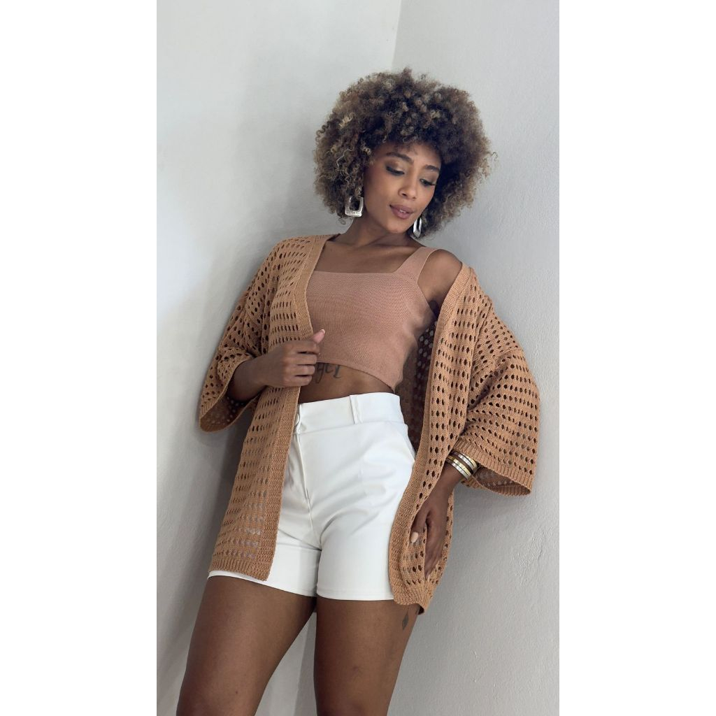 kimono Trico Acessório Terceira Peça Saída de Praia Feminino Moda Quimono Rendado Ponto Crochê Estilo Moda Confortavel