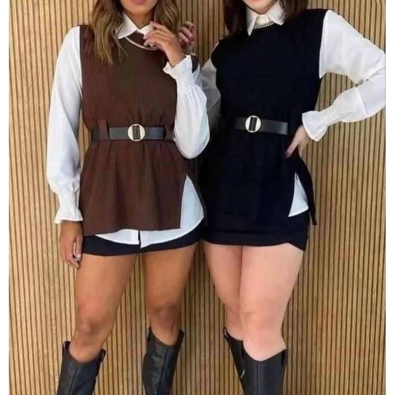 Conjunto camisa social manga longa colete camisa e cinto