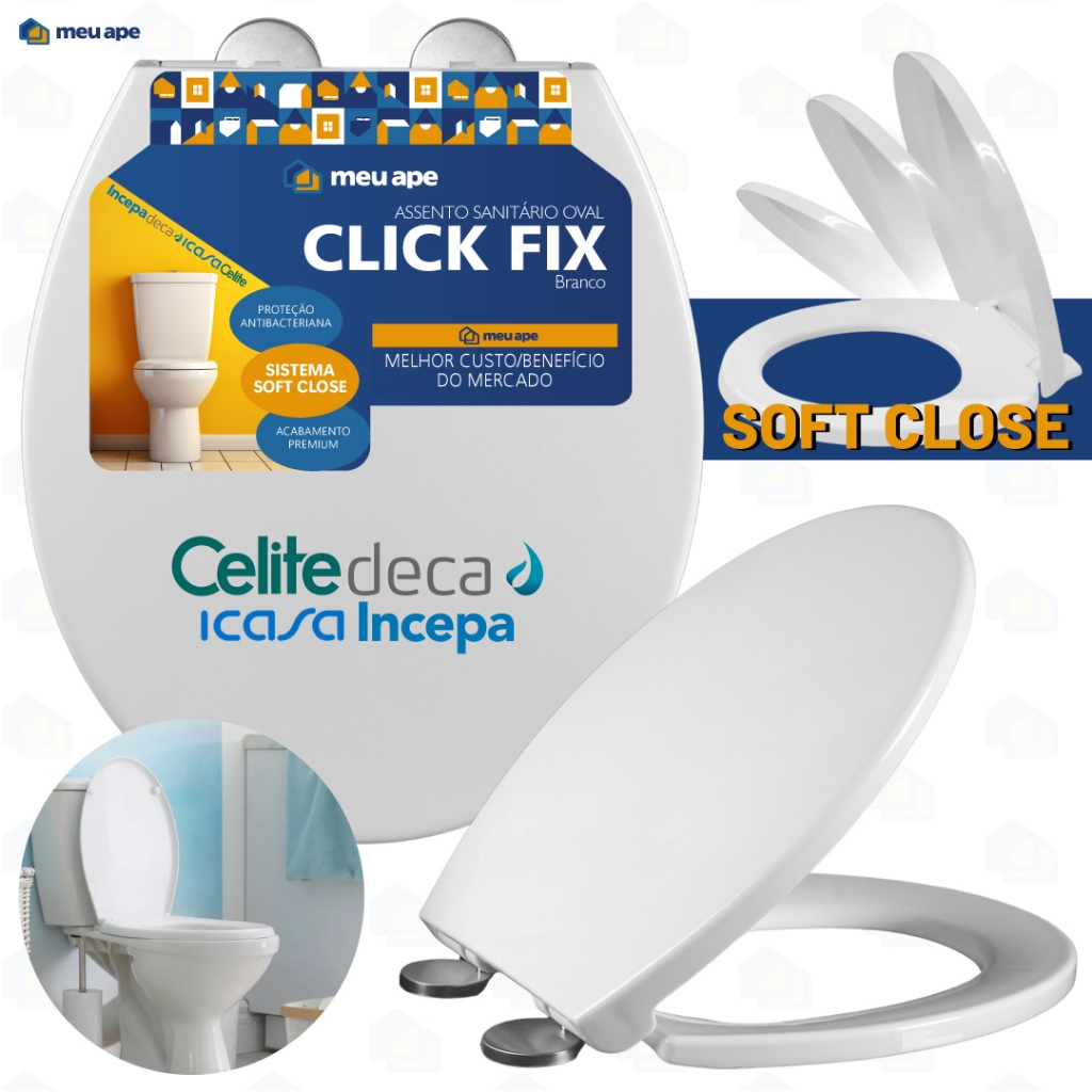 Assento Sanitário Tampa Vaso Soft Close Click Fix Oval Universal Deca Icasa Celite Incepa Fiori Roca