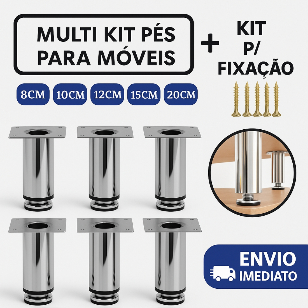 Kit Pés Para Móveis Regulável Redondo Cromado - 8cm | 10cm | 12cm | 15 cm | 20cm