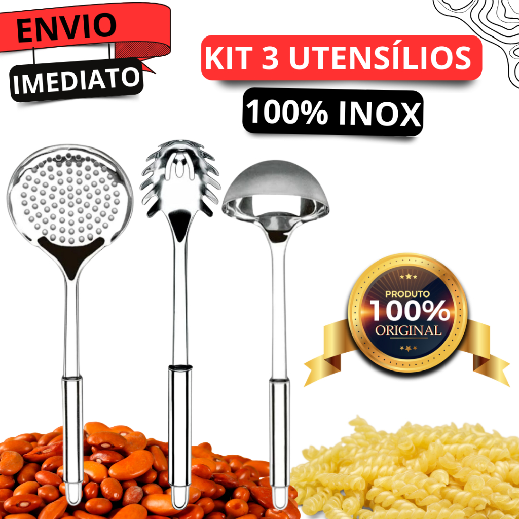 Kit Cozinha  Utensílios 3 Peças 100% Inox Para Cozinha Concha Pegador de Massas e Escumadeira