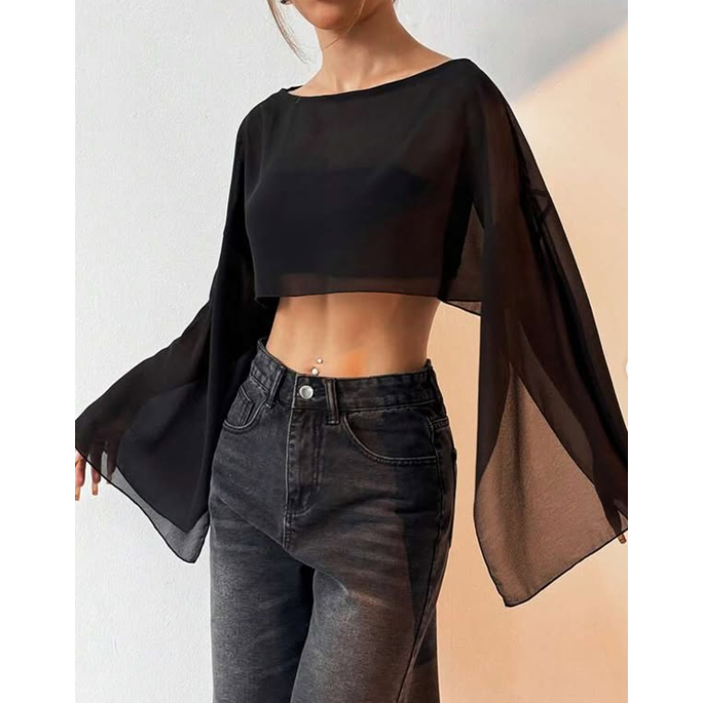 Blusa Cropped Tule Manga Longa em Oferta na Shopee