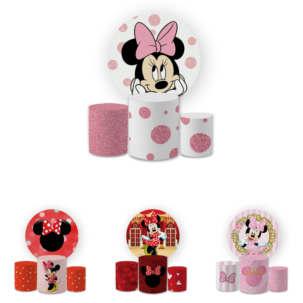 Kit Decorativo Painel Redondo C/ Elástico + Trio Capa Cilindro Veste Fácil Minnie Baby