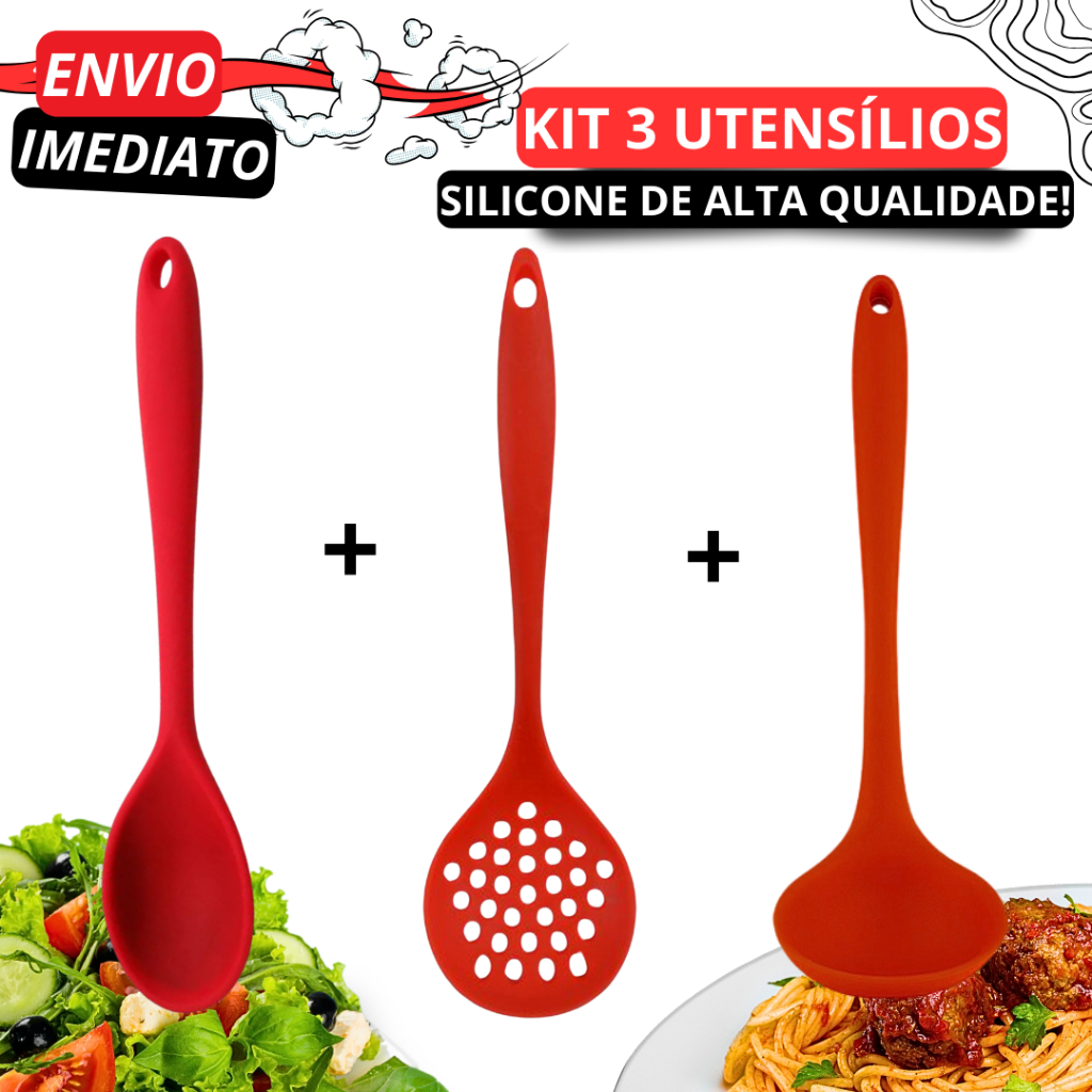 Kit 3 Utensílios de Silicone Vermelhos - Escumadeira Concha e Colher de Servir em Oferta na Shopee
