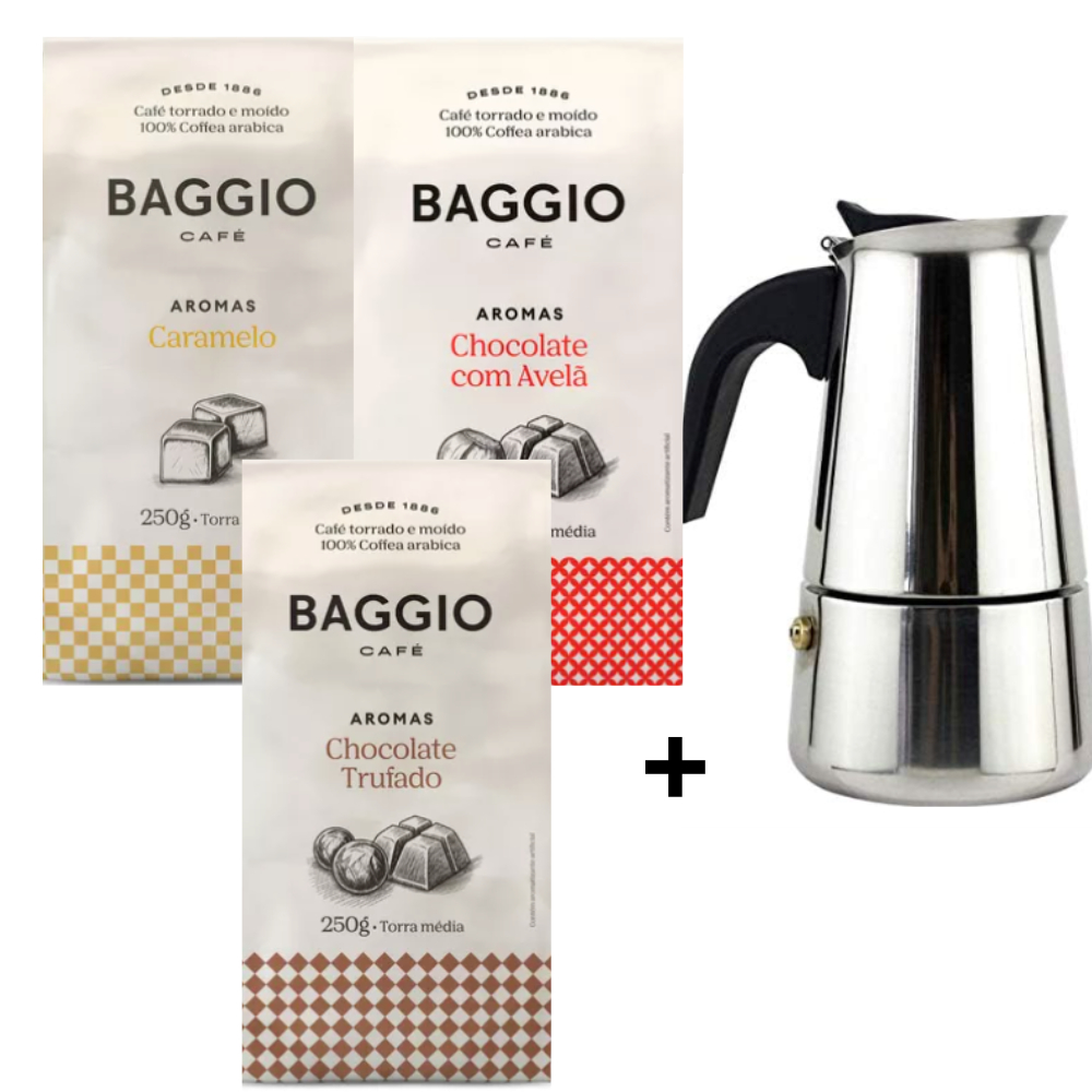 Kit Café Baggio 3 Pacotes 250g (Caramelo, Chocolate com Avelã, Chocolate Trufado) + 01 Cafeteira Italiana Inox 6 xícaras