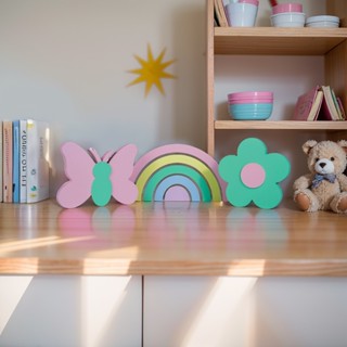 Kit De Enfeites Arco Íris Flor Borboleta Para Prateleira Mesa Decoração Quarto Infantil Bebe Em Mdf em Oferta na Shopee