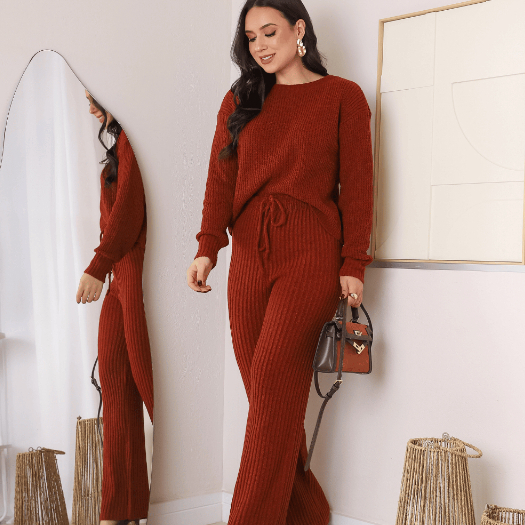 Conjunto Feminino Tricot Mousse Calça Wide Leg Pantalona e Blusa Cropped Tricô Aerolook