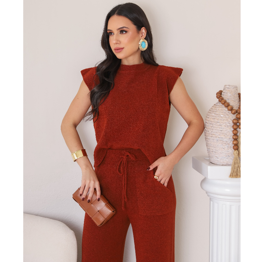 Conjunto Tricot Feminino Colete e Calça Pantalona Wide Leg em Fio Mousse Tricô Estilo Aero...