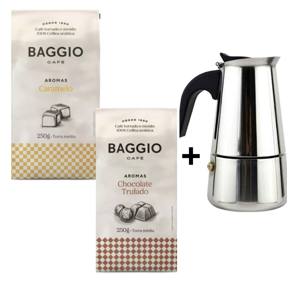 Kit Café Baggio 2 Pacotes Aromas Caramelo e Chocolate Trufado 250g cada + 01 Cafeteira Italiana Inox 6 Xícaras