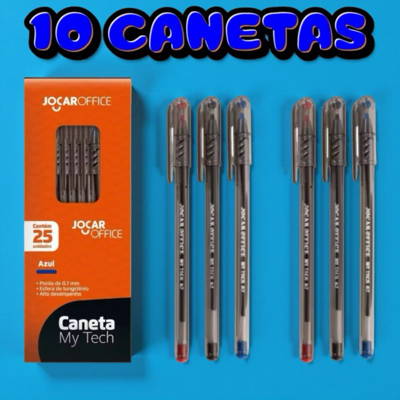 Kit 10 Caneta Esferográfica Azul Preto Vermelho My Tech 0.7mm - Jocar Office em Oferta na Shopee