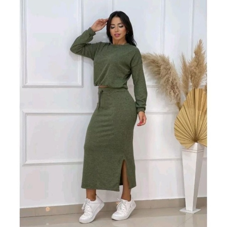 Conjunto Feminino Cropped Midi Moda Blogueira Blusa Saia Saia Longa Inverno Lanzinha Fenda