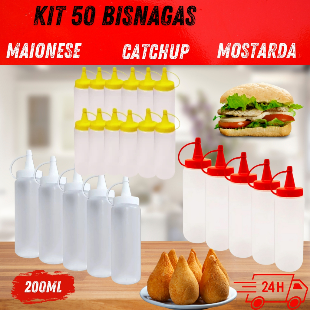 Kit 50 Bisnagas Molho Catchup Maionese Mostarda Bisnaga 200ml Lanchonete Bar Restaurante Plástico