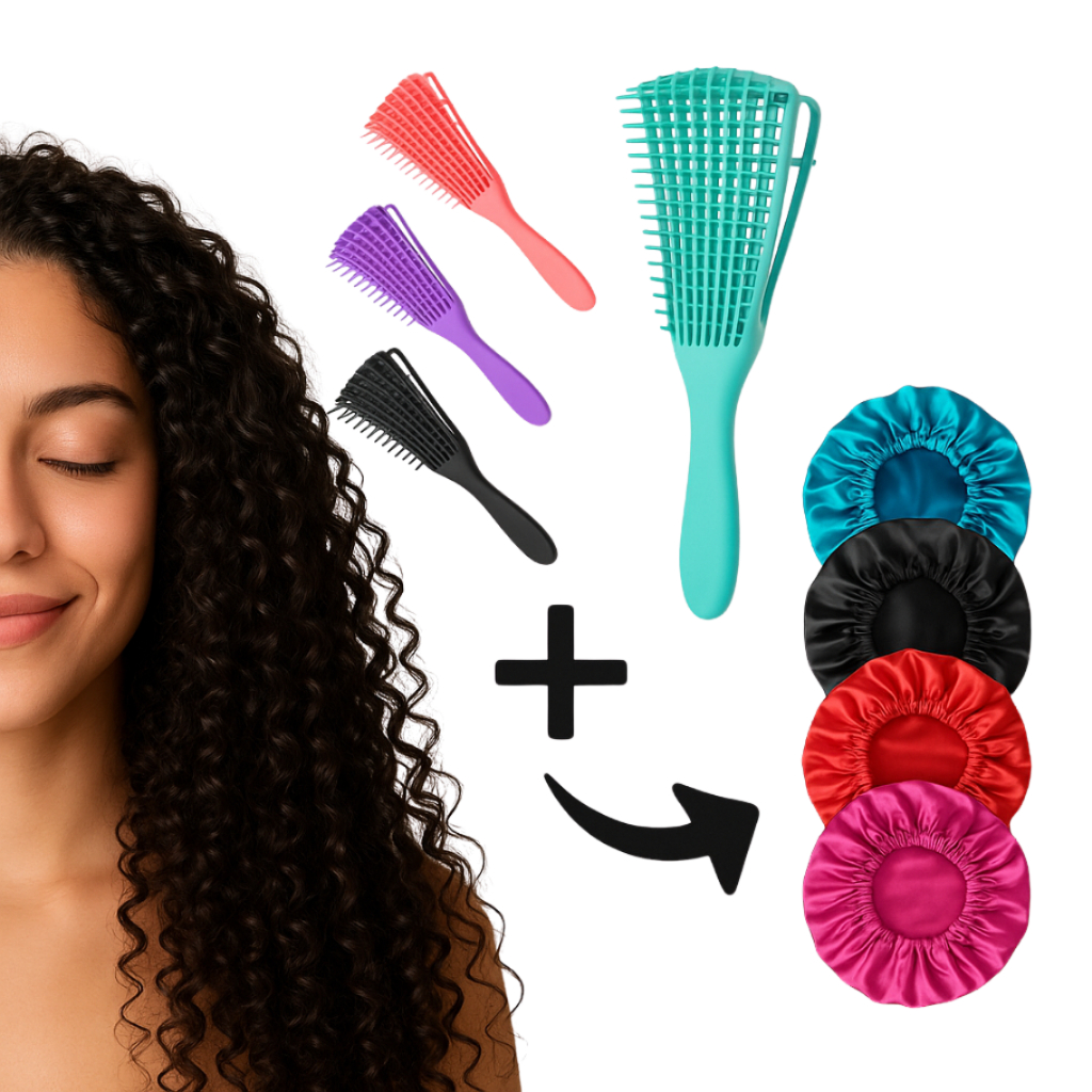 Kit de Cabelo Cacheado Contendo 2 Itens : Escova Pente Polvo Define cachos + Touca de Cetim ANTIFRIZ
