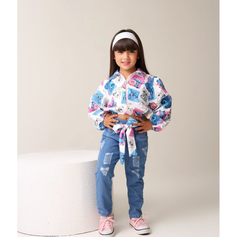 Conjunto Stich Blusa Manga Longa com zíper e calça Jeans 4 ao 10