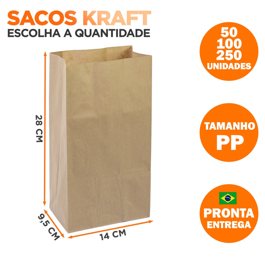 Kit Sacos Papel Kraft Delivery - 28 x 14 x 9,5 CM - Tamanho PP - Embalagem Comida Doces Entrega em Oferta na Shopee