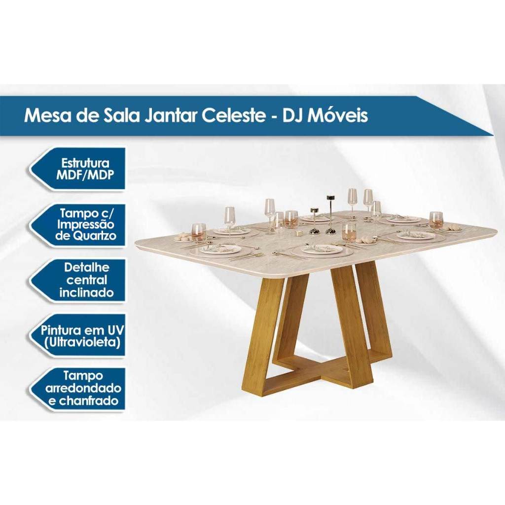Detalhes do Mesa de Sala Jantar Celeste c/ Tampo Madeirado Curvo 170x90cm Freijo/Quartzo - DJ Móveis
