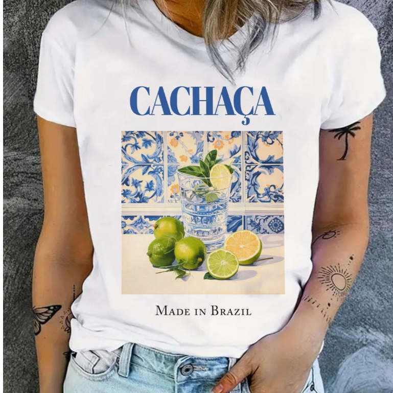 Camiseta t shirt feminina básica branca Caipirinha, t shirt cachaça estilo farm look dia a dia básico casual plus size