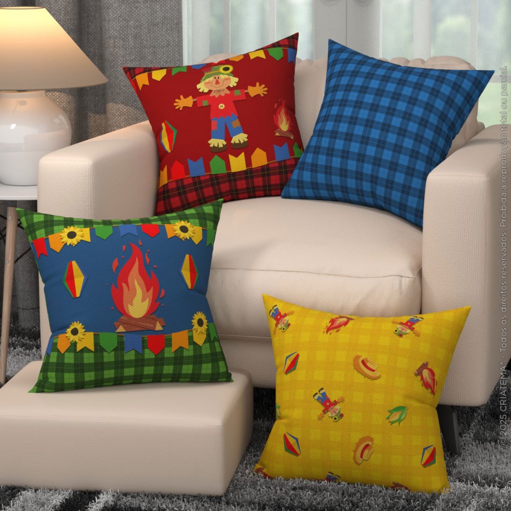 Kit 4 Capas de Almofadas Decorativas Festa Junina 45x45cm Tecido Estampadas