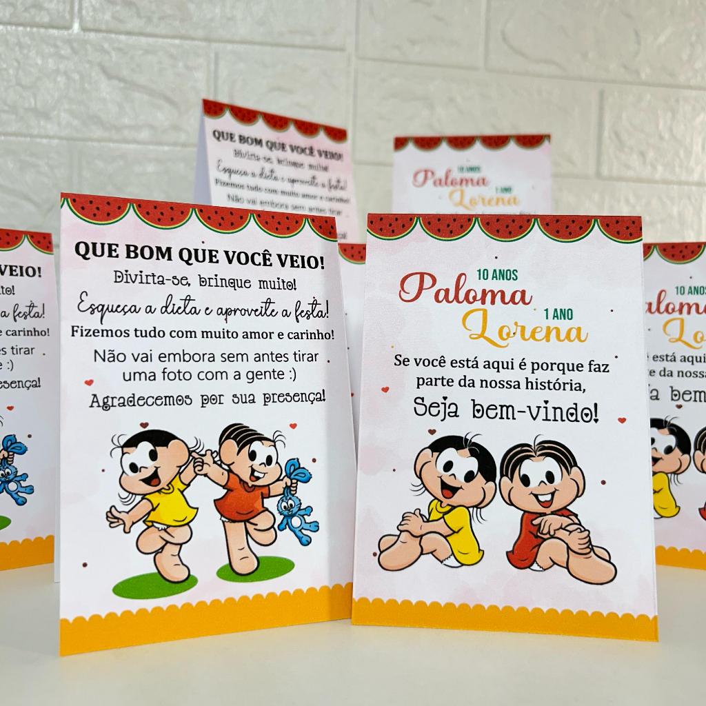 Centro de mesa agradecimento personalizado enfeite para festa infantil menina tema monica e magali turma da mônica