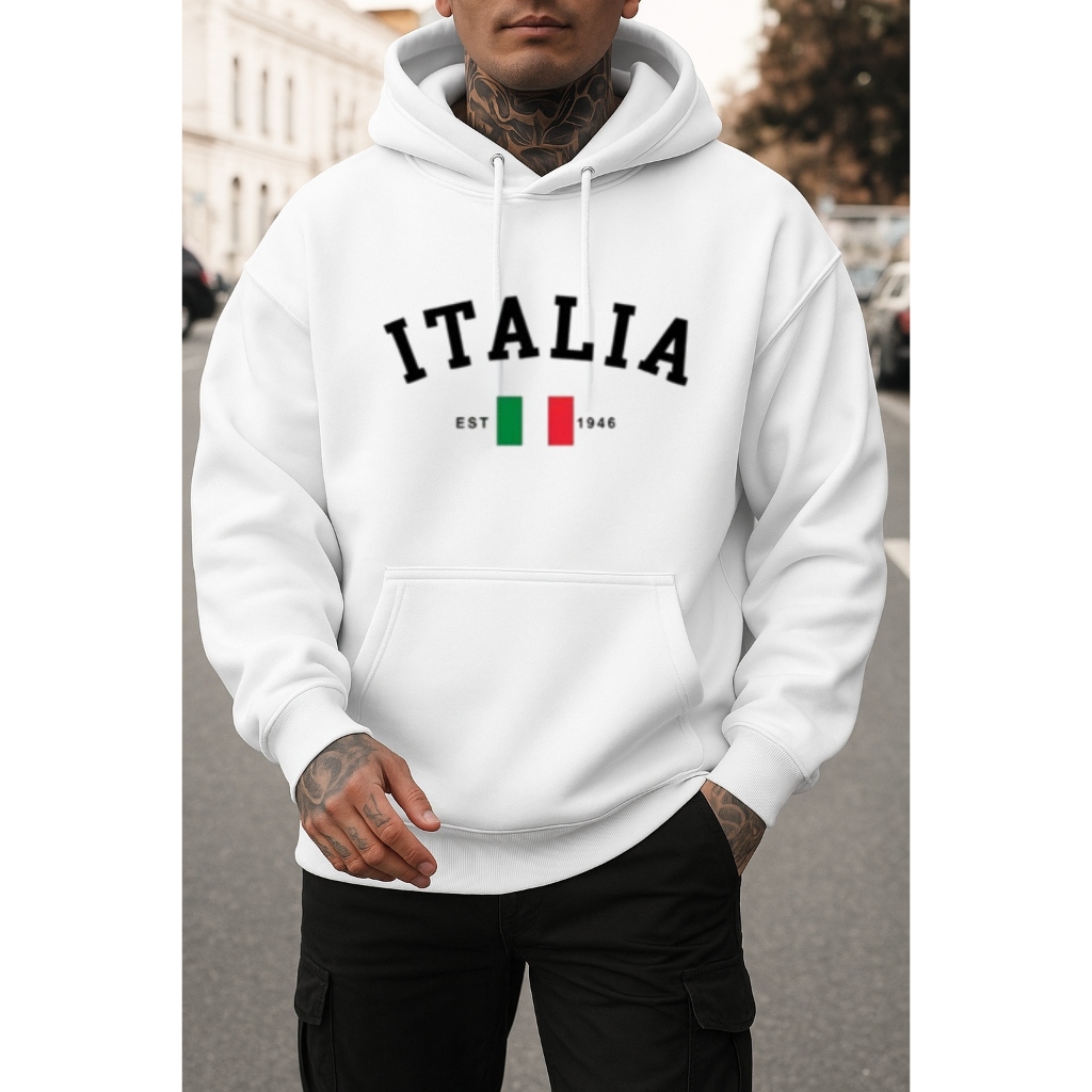 Moletom Masculino Estampado Itália Blusa de Frio Canguru Flanelado