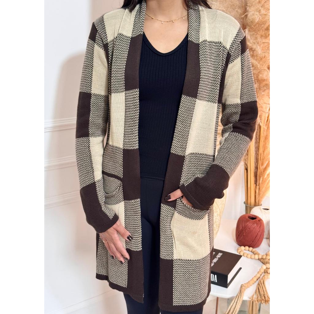 Casaco Cardigã Xadrez Tricô Feminino Inverno Frio Kimono Plus Size com Bolso Quadriculado
