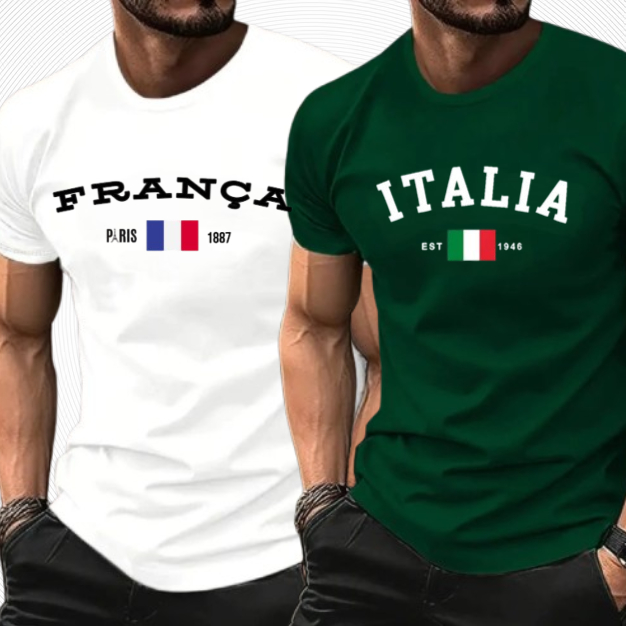 Kit 2 Camiseta Masculina Estampada Itália França Camisa 100% Algodão em Oferta na Shopee
