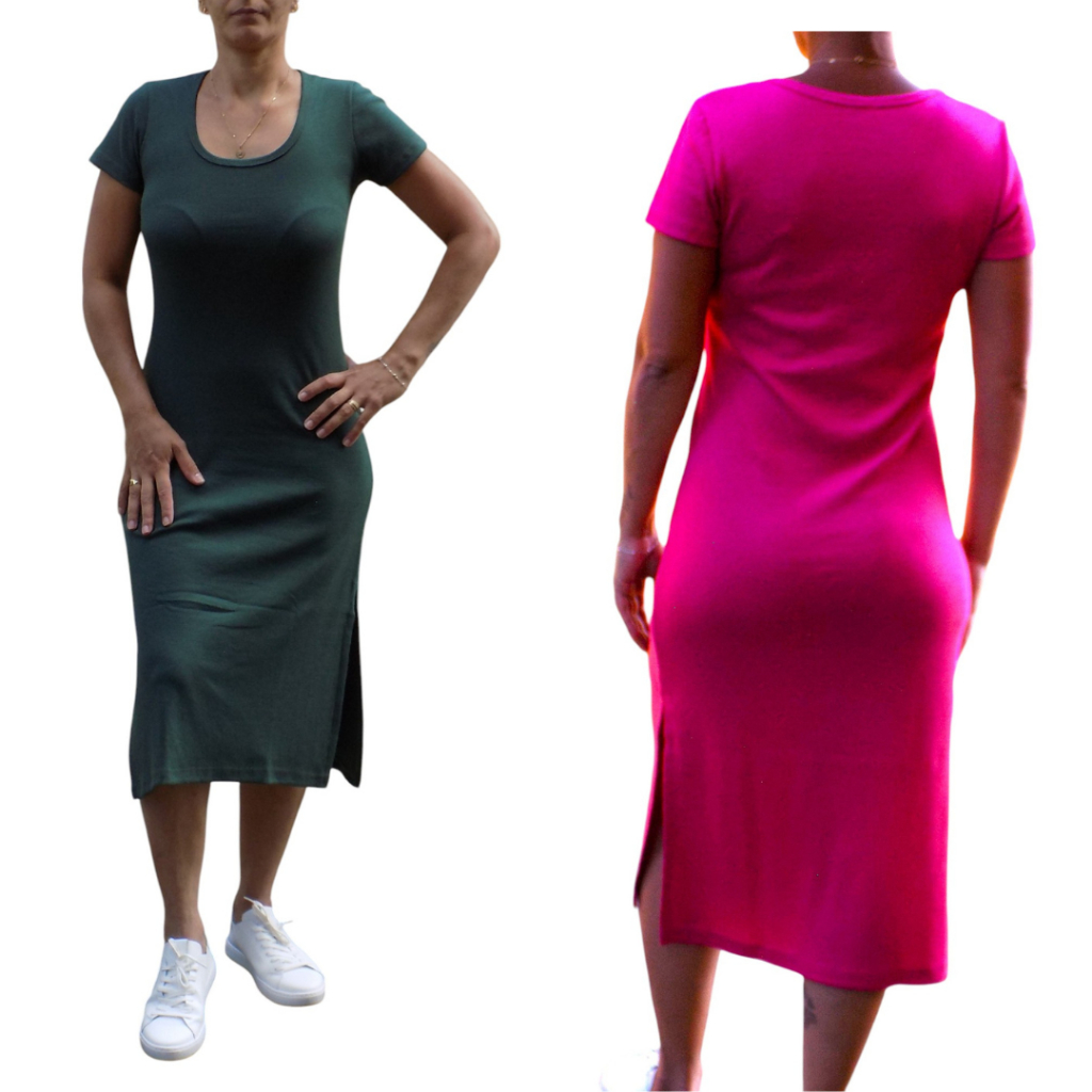 Vestido Canelado Feminino com Manga Curta Midi de Algodão com Elastano Básico com Fendas Laterais. Moda Evangelica.