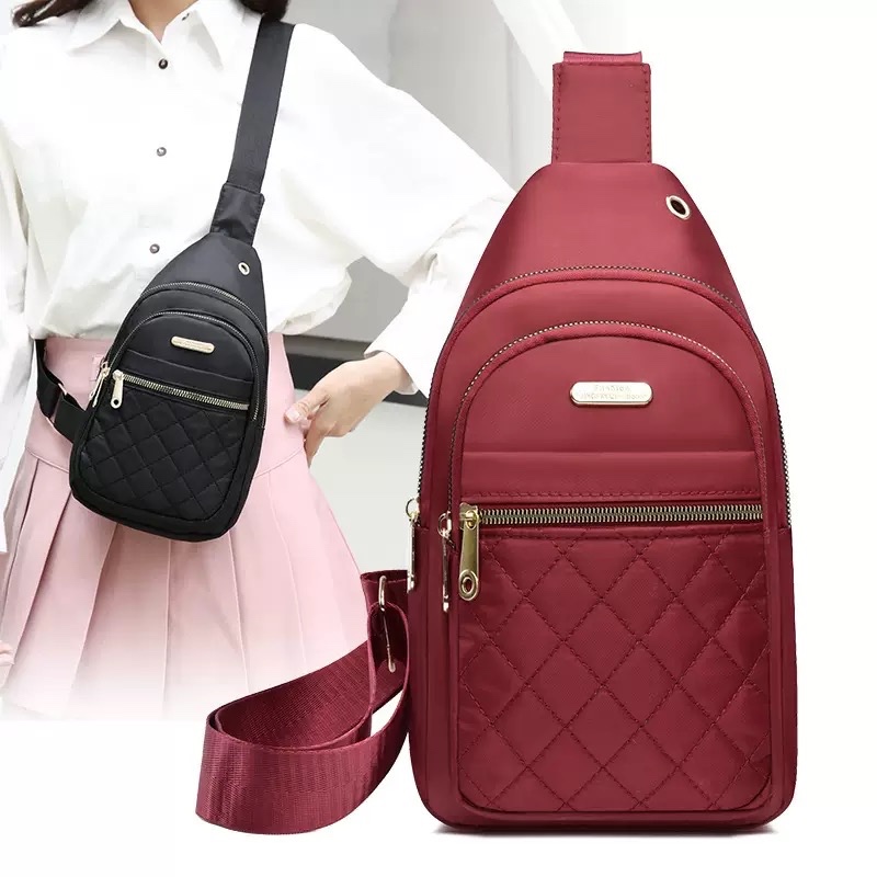 Bolsa Transversal Feminina de Nylon com Zíper Dourado, Estilo Moda Casual, Impermeável e Leve