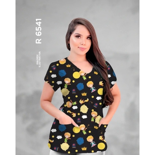 Camisa Feminina Com Bolso Pequeno Principe Jaleco Personalizado De Professora Scrub Preto